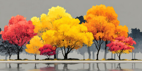 Vibrant Autumn Trees in a Row with Red Yellow Orange Foliage Reflected in Water