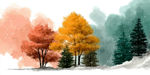 Watercolor Painting of Snowy Winter Landscape with Orange Red and Green Pine Trees