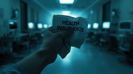 Health insurance document display hospital setting action shot dimly lit environment close-up view urgency concept