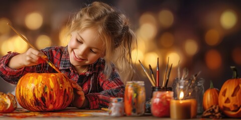 Little girl in a plaid shirt painting a pumpkin with bright paints at home. Festive autumn atmosphere with glowing lights in the background, creative Halloween craft and seasonal holiday spirit.