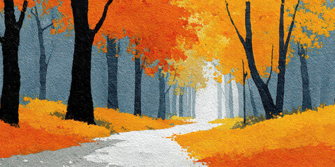 Textured Painting of Bright Autumn Forest Path with Orange and Yellow Leaves on Ground
