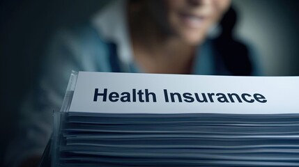 Health insurance overview office setting document stack professional environment close-up perspective financial security