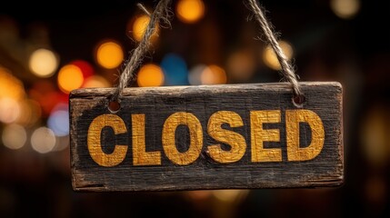 Wooden “CLOSED” sign hanging by rope against blurred bokeh lights, symbolizing business closure, service pause, or temporary shutdown of a shop or café