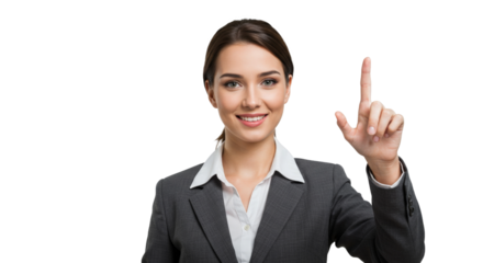 Smiling businesswoman pointing up on white background