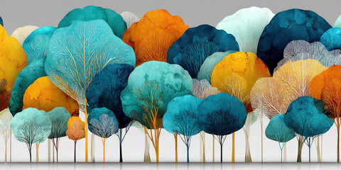 Abstract Stylized Forest with Teal Blue and Orange Yellow Trees Banner Art