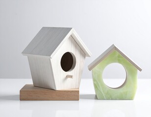 Birdhouses plain wood, green marble-look decor elements