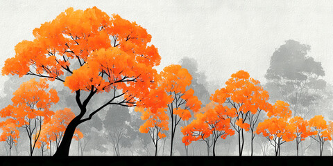 Vibrant Orange Autumn Trees in Foreground Against Misty Gray Forest Background