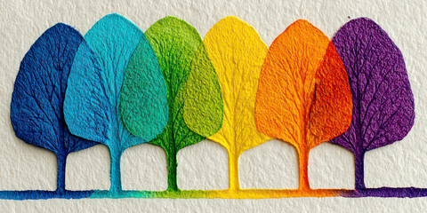 Vibrant Rainbow Tree Line with Gradient Colors on Textured Paper Minimalist Art