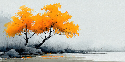 Minimalist Watercolor Painting of Two Bright Orange Autumn Trees on a Misty Lakeshore