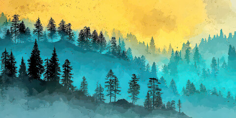 Moody Forest Landscape with Teal Fog and Bright Yellow Sky Watercolor Style
