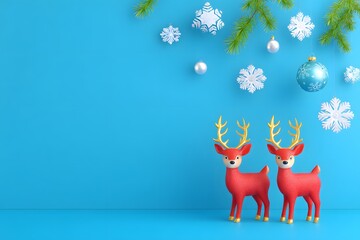 Festive Reindeer on Blue Background: Two charming reindeer figurines stand elegantly, with ornaments suspended against a vibrant backdrop, perfectly capturing the spirit of winter holiday season.