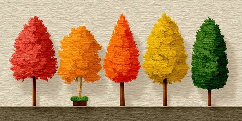 Row of Five Textured Autumn Trees with Red Orange Yellow and Green Foliage Art
