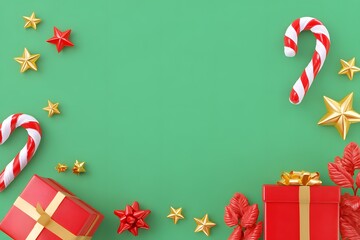 Festive Delight: Christmas elements arranged on a vibrant green backdrop, showcasing the joy and anticipation of the season. 