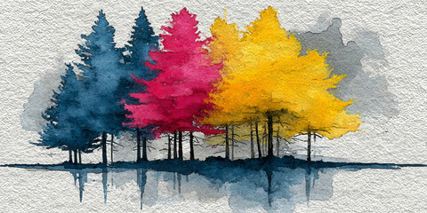 Vibrant Watercolor Pine Trees with Blue Pink and Yellow Foliage Reflected in Water Art