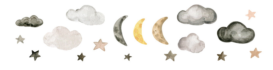  Watercolor set of illustrations of dark clouds with moon and beige stars for cards, invitations, posters, stickers, print.
