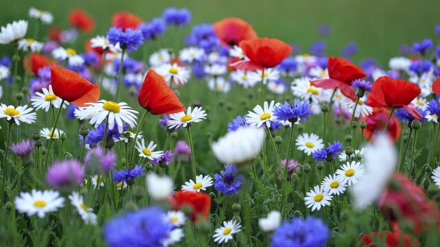 Vibrant wildflowers in a meadow captured from a low-angle, showcasing red, blue, and white blooms. Ideal for a nature-themed video backdrop. Live desktop wallpaper.