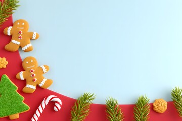 Festive Delight: A joyful arrangement of Christmas treats, including gingerbread figures, Christmas tree, candy cane, and evergreen accents, playfully set against a vibrant red and blue backdrop.
