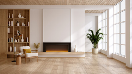 Spacious modern living room with electric fireplace and large windows, minimalist interior with wooden floor.3D render