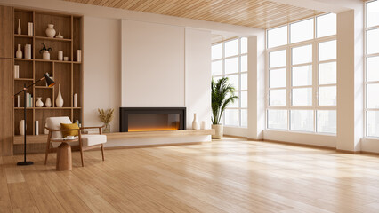 Spacious modern living room with electric fireplace and large windows, minimalist interior with wooden floor.3D render © LEKSTOCK 3D