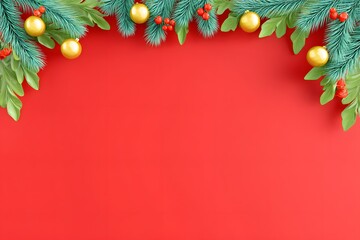 Festive Season Embellishment: A vibrant composition features evergreen sprigs adorned with gold baubles and red berries against a rich red backdrop, radiating holiday spirit.