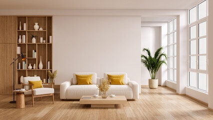 Minimalist living room scene with large windows, wooden floor, and contemporary furniture. 3D illustration.