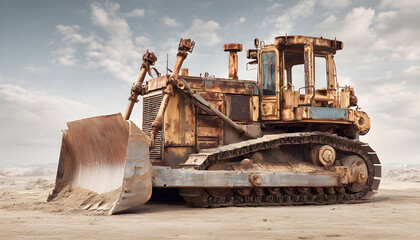 Fototapeta premium Old heavy equipment of bulldozer with sand in bucket. Bull dozer heavy machinery. Industrial heavy equipment. Bulldozer or dozer machinery