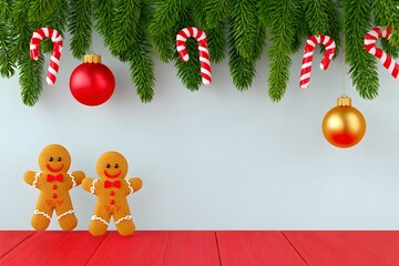 Festive Holiday Ornamentation: A cheerful composition of gingerbread man, candy canes, and glittering ornaments, against a backdrop of verdant evergreen, captures the spirit of the holiday season.