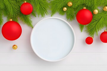 Holiday Table Setting: A festive scene featuring a pristine white plate nestled amidst vibrant red ornaments, gold baubles, and verdant evergreen boughs, creating a captivating seasonal arrangement.