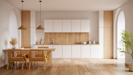 Minimalist kitchen interior background with wooden details, warm natural light, and copy space. 3D rendering.