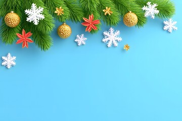 Festive Ornaments: A collection of sparkling snowflake, star and golden balls are arranged artfully over a vibrant backdrop. 
