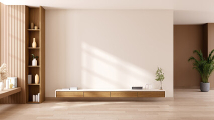 Minimalist living room with empty beige wall for TV screen mockup and floating cabinet.3d render