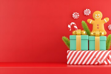 Festive Gift Display: A charming holiday arrangement showcases beautifully wrapped presents adorned with golden bows, accompanied by a gingerbread man, candy canes.