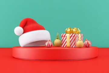 Festive Celebration: Santa's Hat and Gifts on Red Podium against a vivid backdrop setting the stage for holiday cheer.