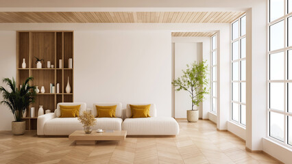 Modern mid-century interior living room , wooden ceiling, and cozy furniture. 3d render
