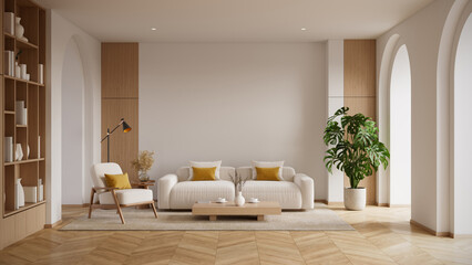 Bright and cozy Scandinavian interior with a Monstera plant,  with a comfortable sofa, armchair, and elegant arched doorways..3d render