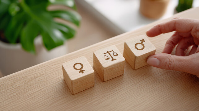 Gender equality symbol blocks diversity in workplace message on wood desk with hand choosing icon