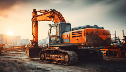 Construction site and industrial heavy machine excavator outdoor. Excavator digger. Heavy equipment machinery. Industrial heavy equipment. Repair with heavy machinery excavator