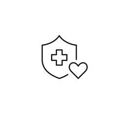 Health insurance shield with cross and heart. Care with love. Pixel perfect, editable stroke vector icon