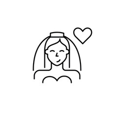 Bride with veil and heart. Wedding care, trusted ceremony support. Pixel perfect, editable stroke vector icon