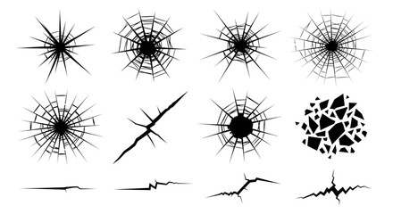 A collection of black and white cracked glass and surface fracture effects for damage textures.
