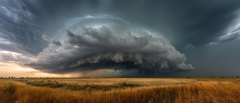 Thunderstorm with mesocyclone over lush prairie landscape  
