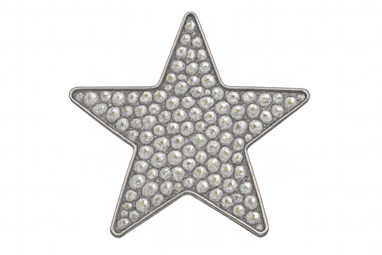 Glittering star shape with silver frame, filled with sparkling rhinestones, offering a luxurious design on transparent background