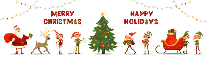 Vector cartoon Christmas set. Santa with sleigh full of gifts, reindeer and cheerful elves. Cute winter holiday characters decorate Christmas tree, run, smile. Collection for card, banner, sticker
