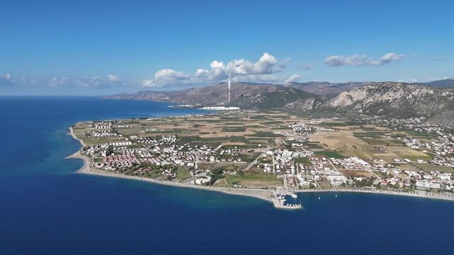 Aerial View of Oren Coastline and Marina in Milas, Turkey