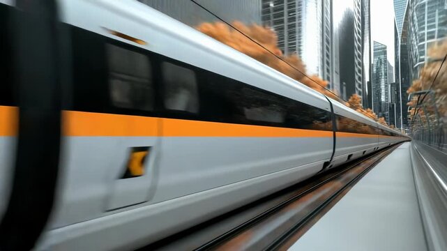 This is a video showing a futuristic, sleek, high speed train transporting people rapidly. It travels along tracks bordered by trees in their Fall colors and contemporary architecture