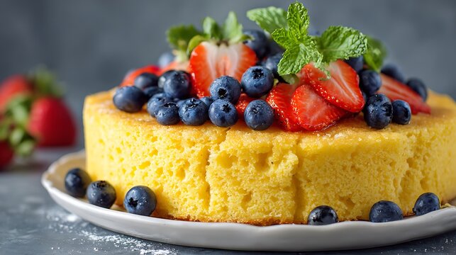 Yellow cake with vibrant blueberries strawberries mint leaves  
