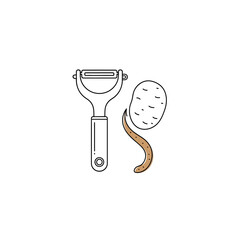 Potato peeler and potato isolated on white background, a simple kitchen tool for preparing vegetables, illustrating cooking, food preparation, and culinary arts