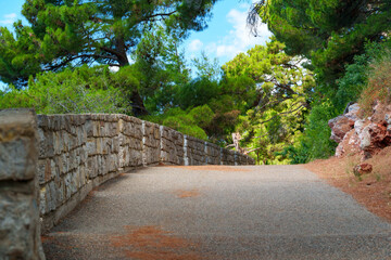 a beautiful city park with a walking path, green trees and a stone fence