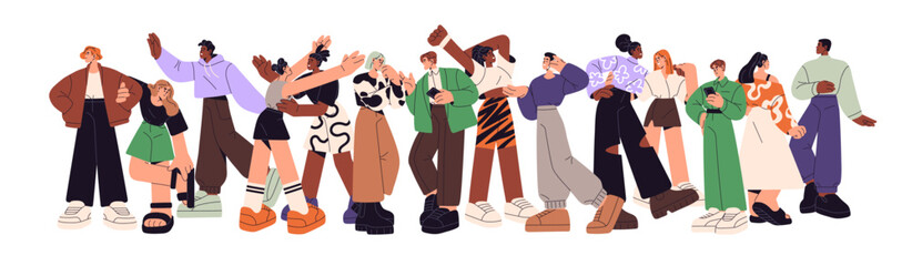 Naklejka na ściany i meble Happy people are greeting, hug and talk on banner. Group of diverse men and women standing together. Friends cuddle and communicate. International team. Flat isolated vector illustration on white Naklejka na ściany i meble Happy people are greeting, hug and talk on banner. Group of diverse men and women standing together. Friends cuddle and communicate. International team. Flat isolated vector illustration on white