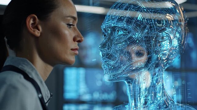 Human supervisor reviewing performance data with AI assistant hologram in futuristic control room, emotional professionalism.